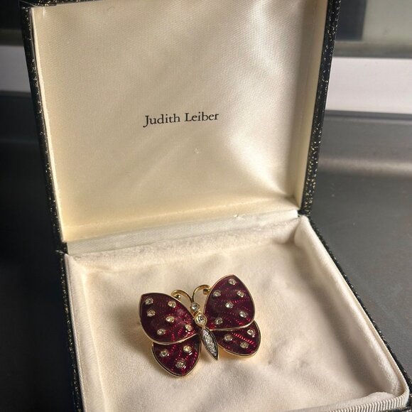 Vintage Judith Leiber, Swarovski Crystals Red Enamel, Gold Butterfly Brooch - Picture 7 of 9